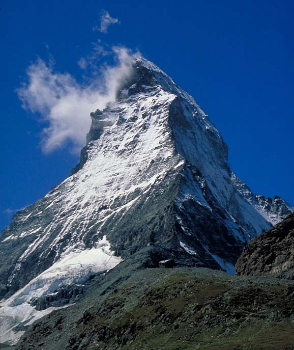 The Matterhorn (4478 m) has become an iconic emblem of the Swiss Alps. It was one of the last Alpine peaks to be climbed and its first ascent in 1865 ended disastrously when four of the climbers in the team fell to their deaths on the descent.